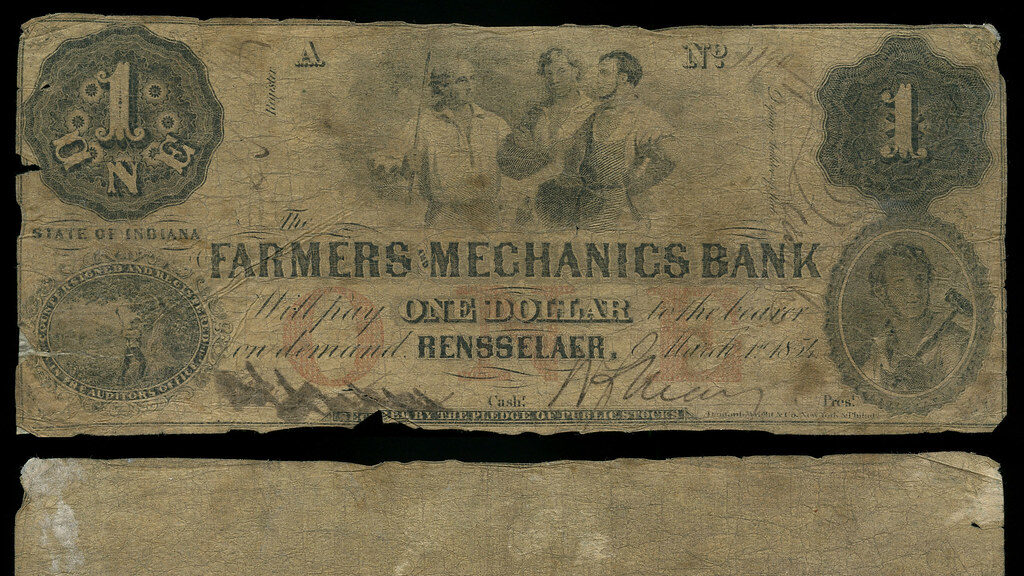 Farmers and Mechanics Bank of Rensselaer, $1 Obsolete Scrip, March 1, 1854 - Rensselaer, Indiana